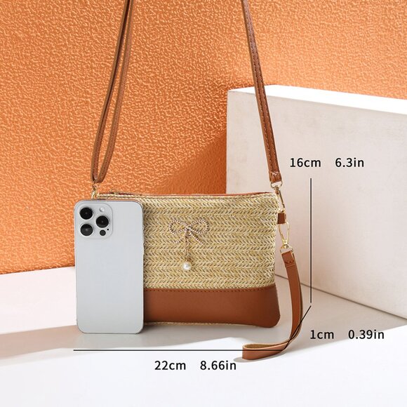 2/$30 Woven Beige and Brown Cross-Body Bag Leather Trim Purse Bow Pearl Charm - Picture 5 of 8